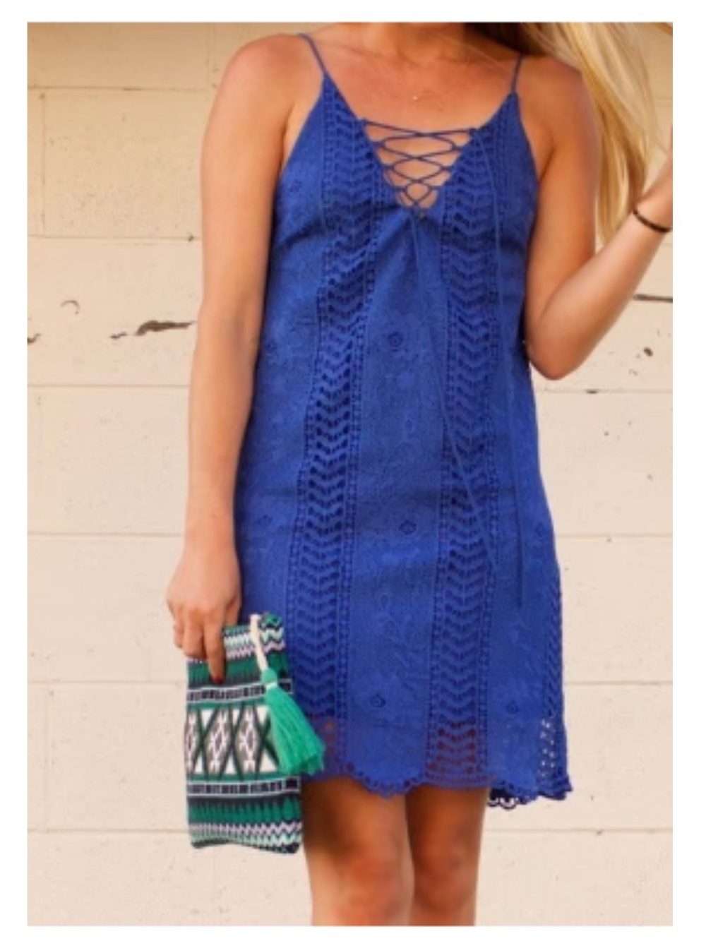 Astr Royal Blue Crochet Mini Dress with Lace-Up Neck